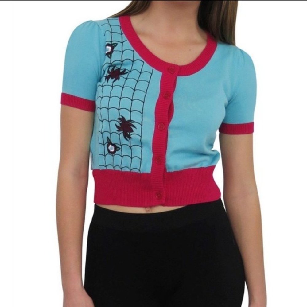 Marvel Crop Cardigan XL Blue Pink Sort Sleeves Sweater Top Spider